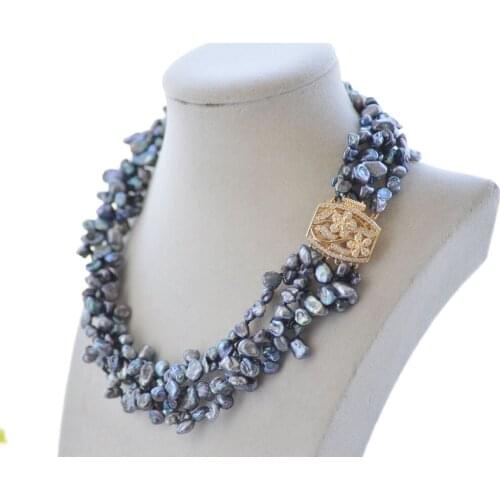 P7645 4RoW 18" 9mm black Baroque Lamina keshi Pearl Necklace CZ