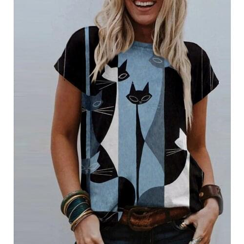 Cartoon Cat Printed Women T-shirt 2021 Summer Casual Ladies Tshirts Slim O Neck Short Sleeve T Shirt Streetwear Koszulka Damska