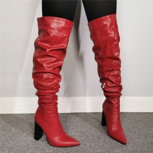 Chaussures Femme Pleated Red Leather Spike High Heels Overknee Boots Woman Pointed Toe Platform Botines Shoes Woman Plus Size47