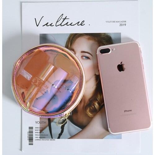 Women Portable Mini Holographic Circle Cosmetic Pouch Clear Laser Pvc Makeup Pouch Girls Transparent Round Lipstick Storage Bag