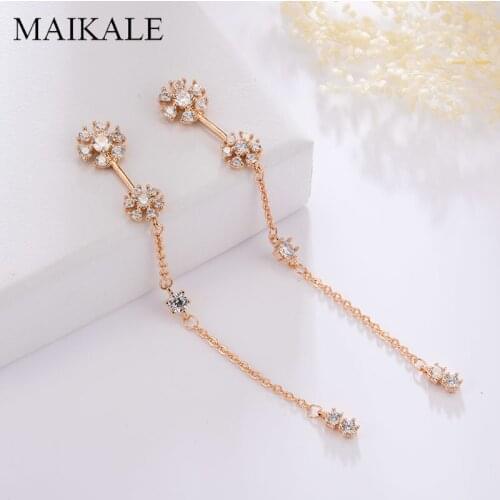 MAIKALE Luxury Rose Gold Tassel Chain Long Earrings for Women Flower Shape AAA Zirconia Hanging Drop Earrings Party Jewelry Gift