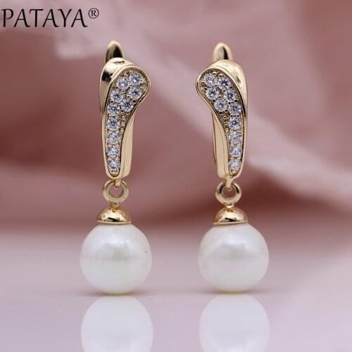 PATAYA New Fine Shell Pearls Dangle Long Earrings Women Romantic Fashion Jewelry Natural Zircon 585 Rose Gold Small Gift Earring