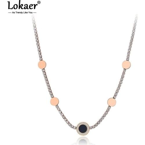 Lokaer Trendy Titanium Stainless Steel CZ Crystal 5Pcs Disc Choker Necklaces For Women Girls Chic Charm Pendant Necklace N19192