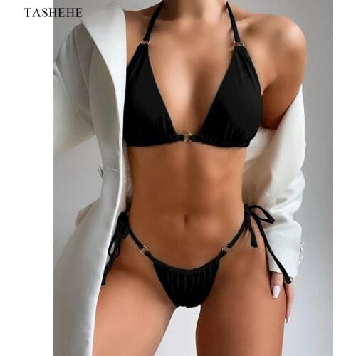 2021 New Solid Bikini Female Swimsuit Push Up Swimwear Women Bandage Halter Bikini Set Bather Bathing Suit Brazilian Biquini