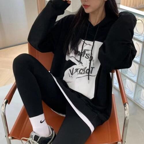 #7106 Spring Autumn Thin Print Casual Loose Hoodies Sweatshirt Tops Pullovers Women Korean Style Black Gray Green Top Fashion