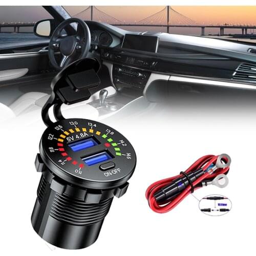 12V 4.8A Dual USB Car Fast Charger Socket Power Outlet LED Voltmeter Waterproof for Motor Boat Modification Mobile Phone Tablet