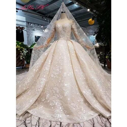 AnXin SH Luxury princess white lace beading crystal o neck long sleeve lace up illusion long wedding dress 100% real photo