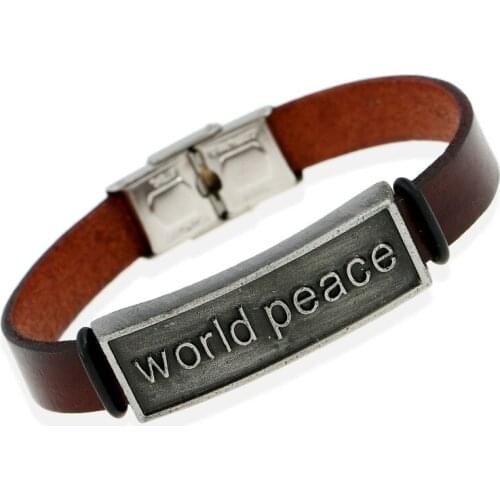 World Peace Genuine Leather Bracelet Vintage Retro Alloy Charm Stainless Steel Wristband Wrap Bangle Casual Fashion Jewelry Gift