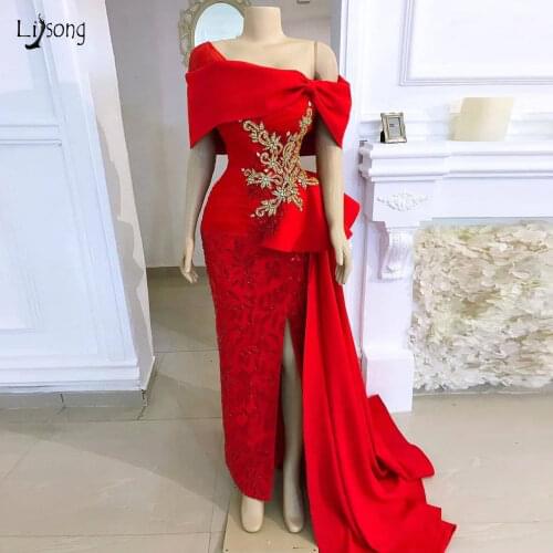 Elegant Red Side Split Evening Dresses 2020 Shiny Floral Crystal Beaded Long Prom Gowns Lace Ruffles Formal Dresses Real Picture