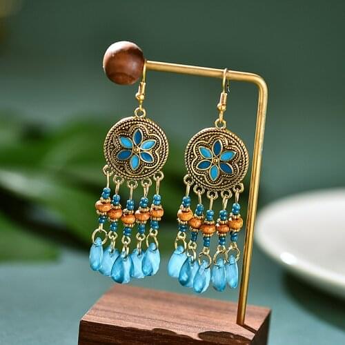 Ethnic Retro Flower Boho Jewelry Turkish Jhumka Earrings Womens Vintage Turkey Wood Beaded Tassel Earrings Bijoux