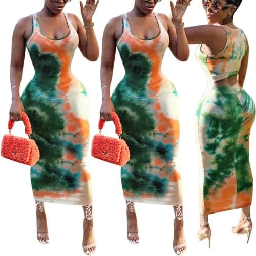 European and American Womens Hollow Sexy Sling Tie-Dye Printing Dress Temperament One-Step Skirt Women