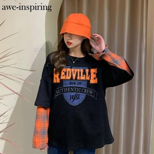 T Shirt Korean Loose Long Sleeve Casual Spring Mock Two Piece O Neck Harajuku Leisure Plaid patchwork oversized tees Women Black