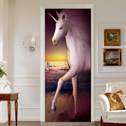 Unicorn Art Oil Painting 3D Door Stickers Wallpaper PVC Waterproof Mural Poster Modern Living Room Bedroom Door Wallpaper Decor