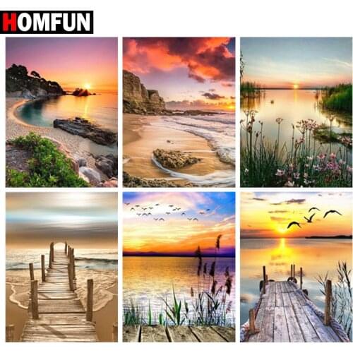 HOMFUN Rhinestone Painting Crystal Decor Diy Diamond Painting "Dusk bridge seascape" 3D Cross Stitch Pattern Diamond Embroidery