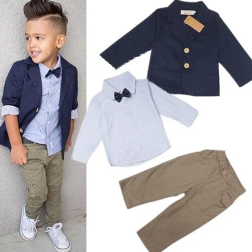 2016 Formal Party Wedding Suit Sets Gentleman Navy Denim Jacket + Shirt + Pants 3pcs Kids Baby Children Trousers Clothing Set