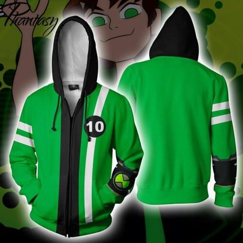 Phantasy Ben 10 Mens Hoodies 3D Printed Green Zipper Tops Streetwear Casual Loose Unisex Cosplay Costume Sweatshirt Plus Size