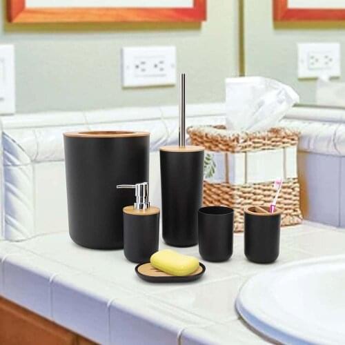 Bathroom Accessories Set 6 Pieces Bamboo Room Set Toothbrush Holder Soap Dispenser Toilet Brush Trash Can Bathroom Essential Set