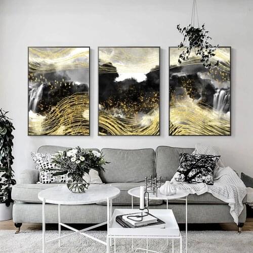 Wall Art Modern Abstract Golden Lines Bird Canvas Painting Nordic Black Landscape Picture Posters Print Living Room Decoration
