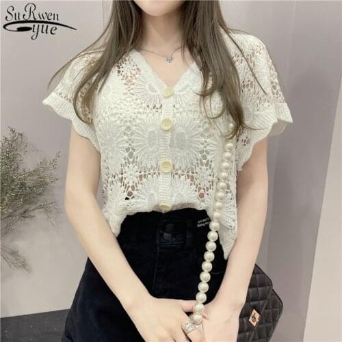2021 New Korean Style Clothes V-neck Lace Hollow Cardigan Womens Blouse Short-sleeved Batwing Sleeve Womens Top Female 14459
