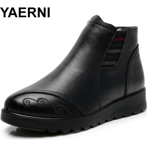 YAERNI New Women Shoes Boots Winter Shoes Fashion Casual Flat Boots Inisde Plush Wool Warm Boots Cow Leather Shoes Women Ankle