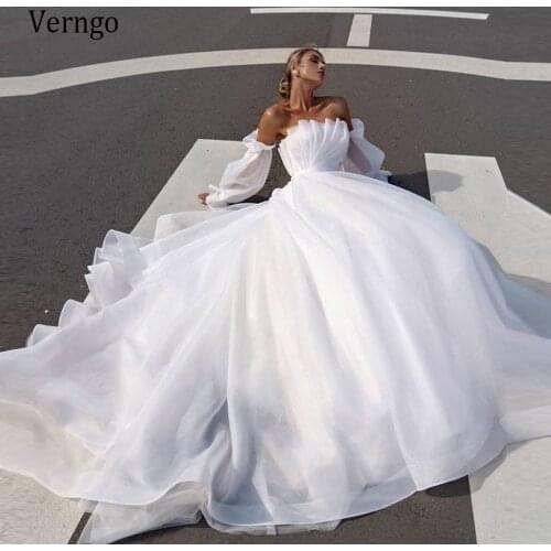 Verngo 2021 New Design A Line Organza Wedding Dress With Removable Puff Long Sleeves Strapless Pleats Simple Korean Bride Gowns