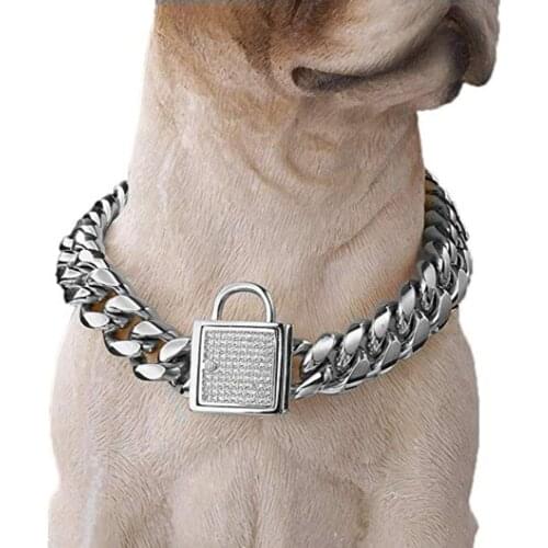 14MM Heavy Dog Chain Choker Duty Cuban Chain Silver Color Stainless Steel Collar With Bling Zirconia Lock Luxury Dog Necklace