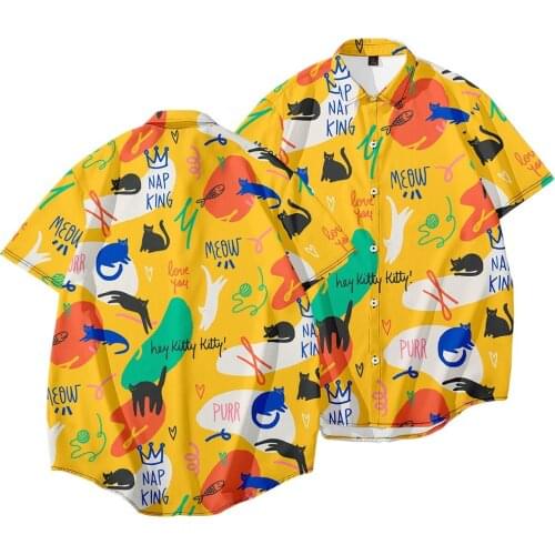 Summer Men Yellow Cat Printed Hawaiian Vacation Casual Shirts Male Hip Hop Short Sleeve Shirt Plus Size 6XL