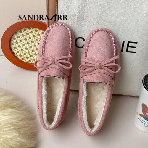 SANDRA JRR Women Winter Ballet Flats Plus Size Round Toe Plush Padded Classic Cotton Flat Loafers Shoes