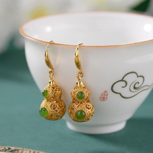 Natural Hetian Jasper Hollow Gourd Earrings 925 Silver Gold-Plated Jade Earrings Lucky Birthday Gift Female Jewelry