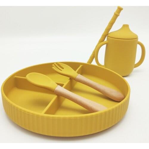 5pcs Silicone Dinner Plate Fork Spoon Straw Solid Food Self Feeding for Kids Children Deformable Anti-fall Tableware Dishes Gift