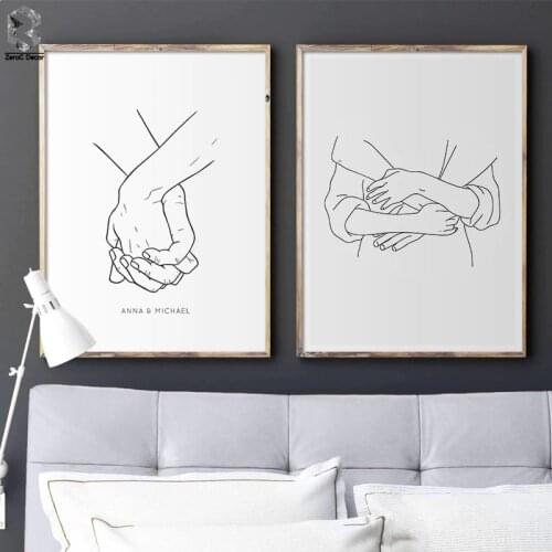 Nordic Poster Black And White Line Holding Hands Hug Canvas Prints Lover Wall Pictures Painting For Living Room Minimalist Decor