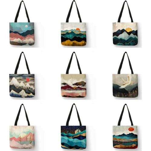 Oil Painting Mountain Forest Printing Causal Tote Bag Shopper Shopping Handbag Women Ladies Leisure Shoulder Bag Beach Outdoor
