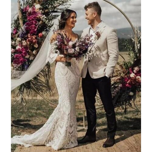 Elegant Spaghetti Straps v-Neck Bohemian Beach Boho Lace Half Sleeve Backless Wedding Dress Bride Gown Vestidos De Novia