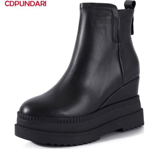 Black Genuine Leather Wedges Ankle Boots Women High Heels Platform Chunky Short Boots Ladies Autumn Winter Shoes Bottine Femme