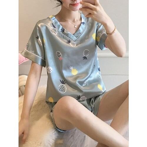 Summer Women Sleepwear Suit Short-sleeve V-neck Tops Shorts Leisure Home Clothes Comfortable Cute Printed Sleepwear Two-piece