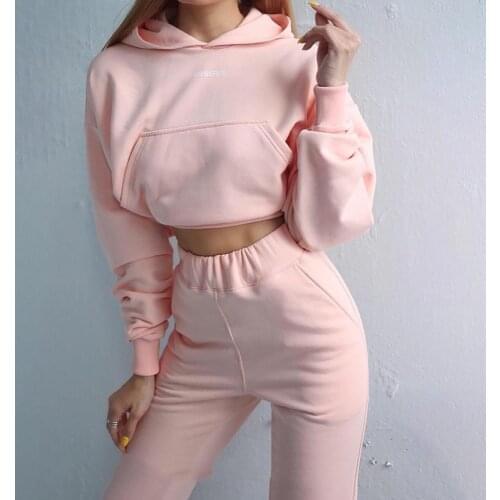 Womens Casual Pant Sets Long Sleeved Short Hoodie Crop Top Trousers Sports Suit Two Piece Set Women Sweatshirt Suits Pants Sets