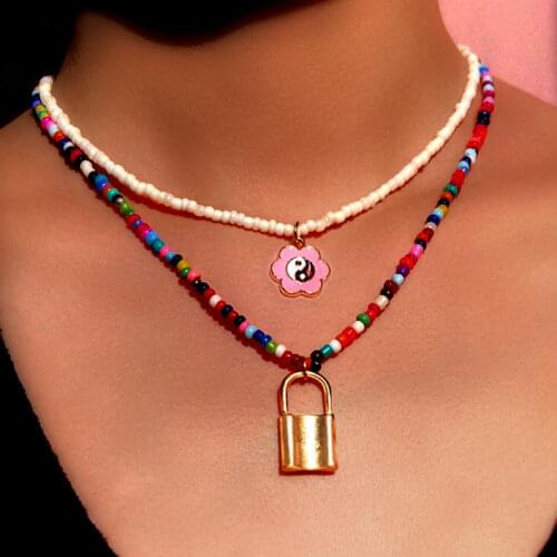 2Pcs/Set Gold Lock Yin Yang Flower Pendant Beaded Necklace For Women Colorful Acrylic Seed Bead Strand Bohemian Jewelry 2021 New