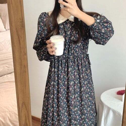 HziriP Women Vintage Floral Dress 2021 New Spring Korean Style Elegant Lace Doll Collar Puff Sleeve Maxi Dress Party Dresses