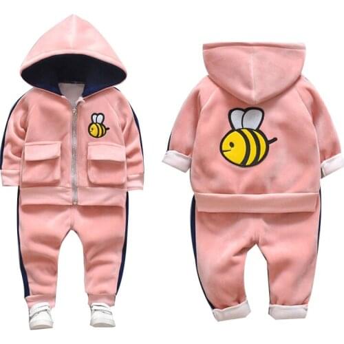 Winter Girls Clothes Set Velvet bee printing Long Sleeved hoody +pants New year costumes Warm Children Clothing Kids Sports Suit