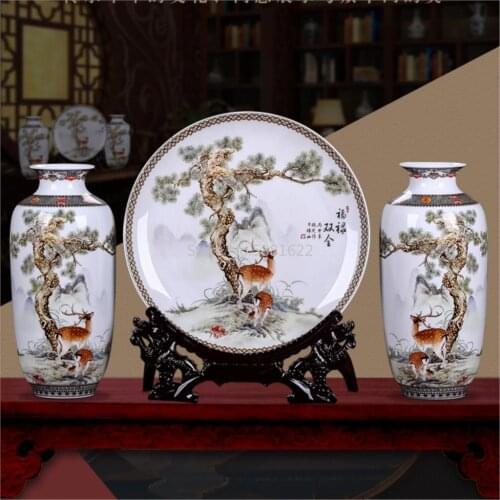1 Set Modern Chinese Jingdezhen Tabletop Decoration Flower Vase and Plate with Stander Ceramic Vase Decoration Porcelain Vase