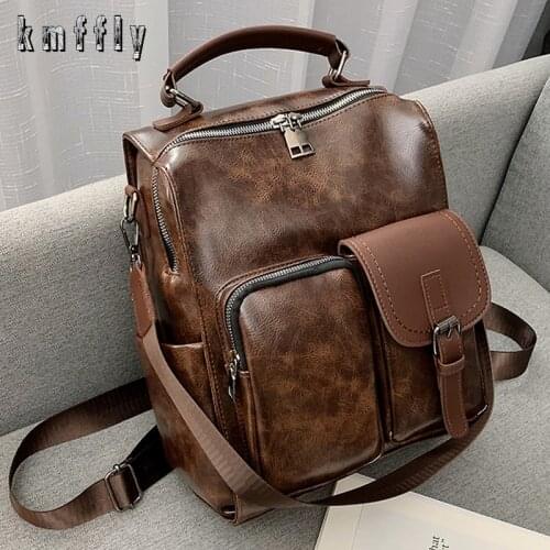 2020 Women PU Leather School Bags Vintage Backpack Women Big Schoolbag Mochila Feminina Brown Black Backpacks Sac A Dos Bagpack