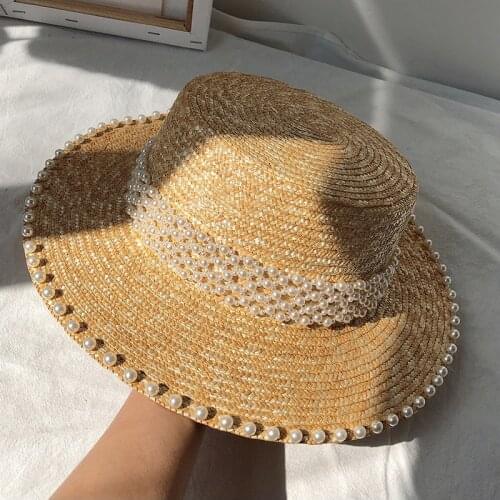 202005-hexin summer handmade raffia straw Pearl weaving ribbon lady fedoras cap women leisure panama jazz hat