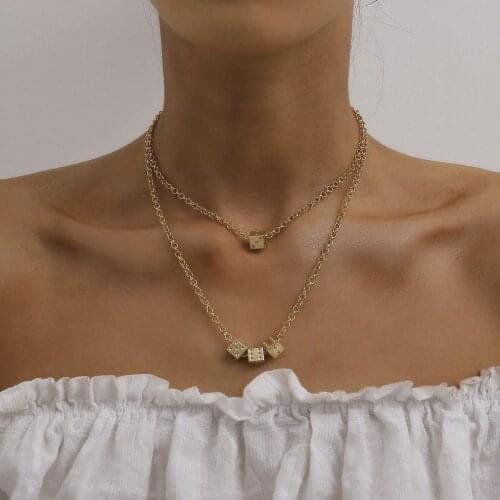 2021 Vintage Punk Metal Dice Geometric Necklace Pendant For Women Fashion Simple Gold Color Double Layer Chain Necklaces Jewelry
