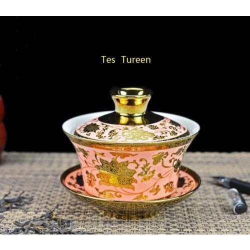 230ml Jingdezhen Gaiwan Ceramic Porcelain Tea Bowl with Lid Saucer Kit / Office Tea Ceremony Drinkare Decoration Gold Tureen C12