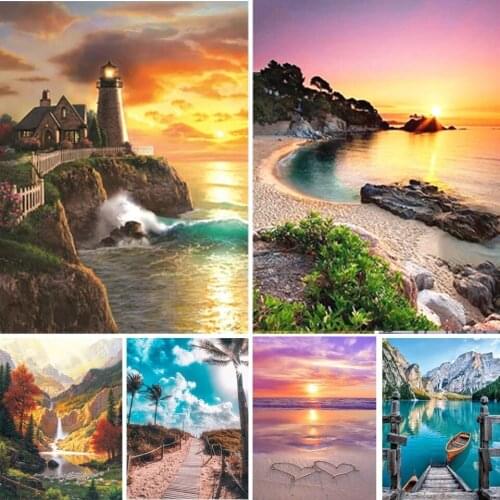 5D DIY Diamond Painting Landscape Sunset Seascape Rhinestone Diamond Embroidery Picture Mosaic Decoration Handmade Diamond Show