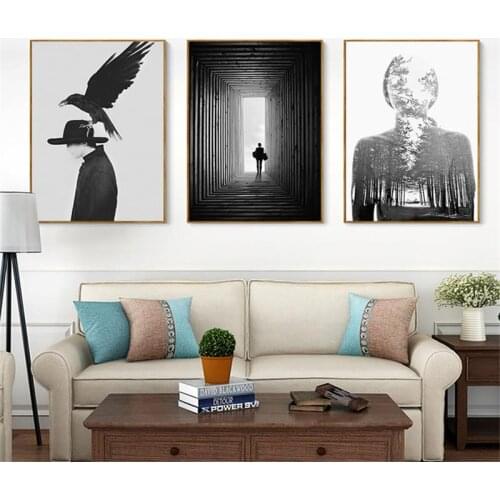 Black White Girl Eagle Cat and hand Landscape Black and White Canvas Poster Print Painting Nordic Style for Living Room Decor