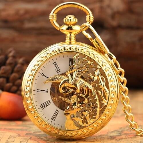 Golden Double Open Case lid Phoenix Semi-hollow Mechanical Pocket Watch Hollow Cover Hand Winding FOB Chain Watch for Men Women