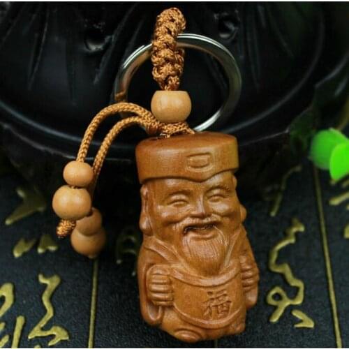 Happiness God Statue Wood 3D Carved Chinese Geomancy Sculpture Pendant Key Chain