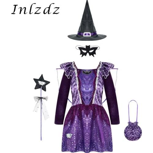 Kids Girls Halloween Witch Cosplay Costume Stars Print Detachable Wings Dress with Pointed Hat Mask Bag and Fairy Wand Set