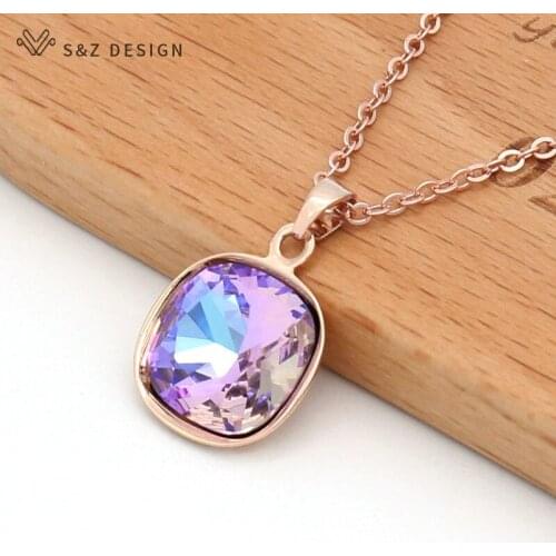 S&Z DESIGN Fashion Trendy Luxury Square Crystal Pendant necklace 585 Rose Gold White Gold For Women Wedding Party Jewelry Gift